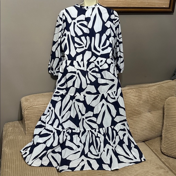 Philosophy Navy and White Leaf Print Long Sleeve Dress lined Medium - Picture 3 of 6